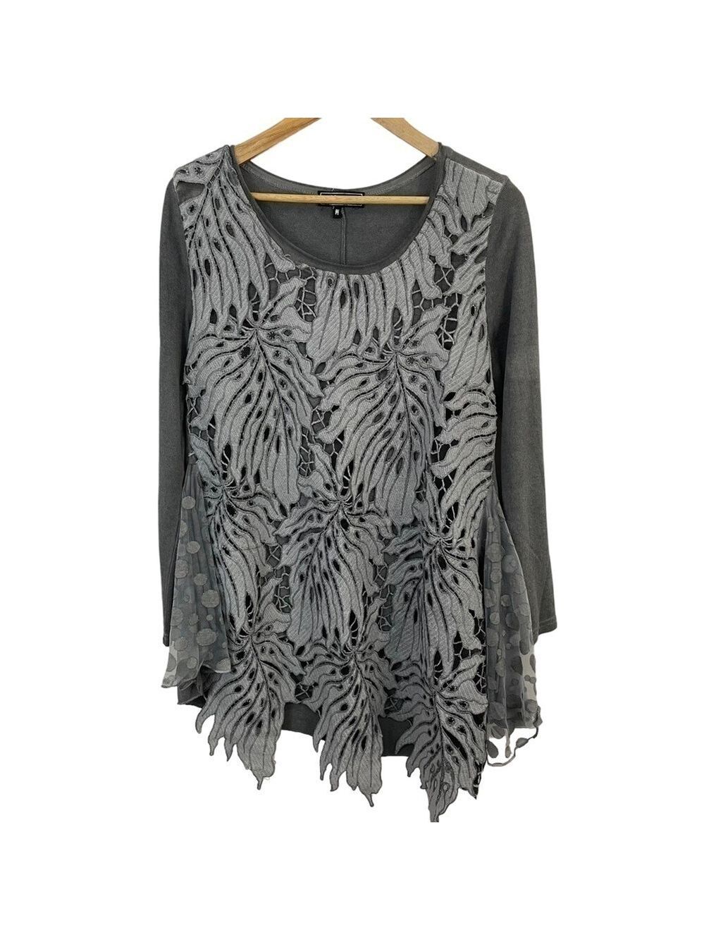 Minkas Floral Appliqué Tunic Top Women’s M Grey Oversized Lagenlook Shirt EUC